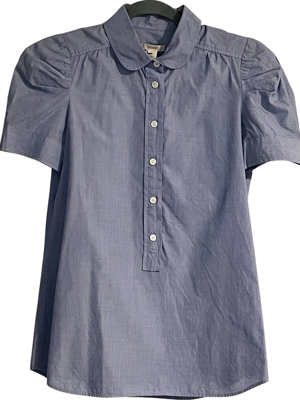 J Crew puff sleeve blue poplin popover blouse half button up Peter Pan collar 2